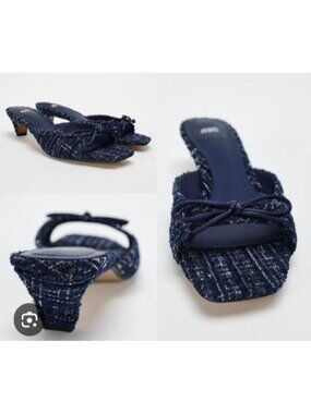 ZARA Blue Tweed Kitten Heel Mules Bow Detail Slip On Shoes Women Size 39EU8.5 US